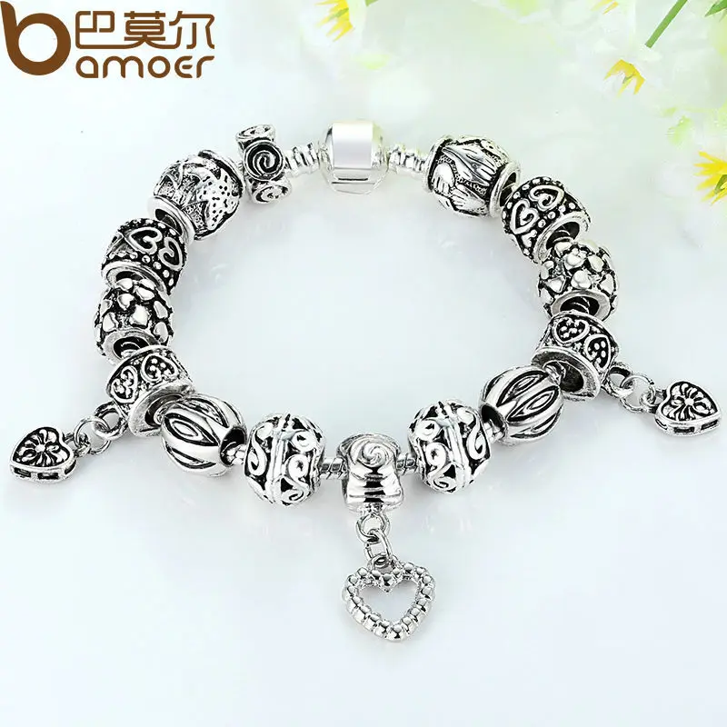 Античный серебряный браслет и серебро 925 с в форме сердца кулон для женщин