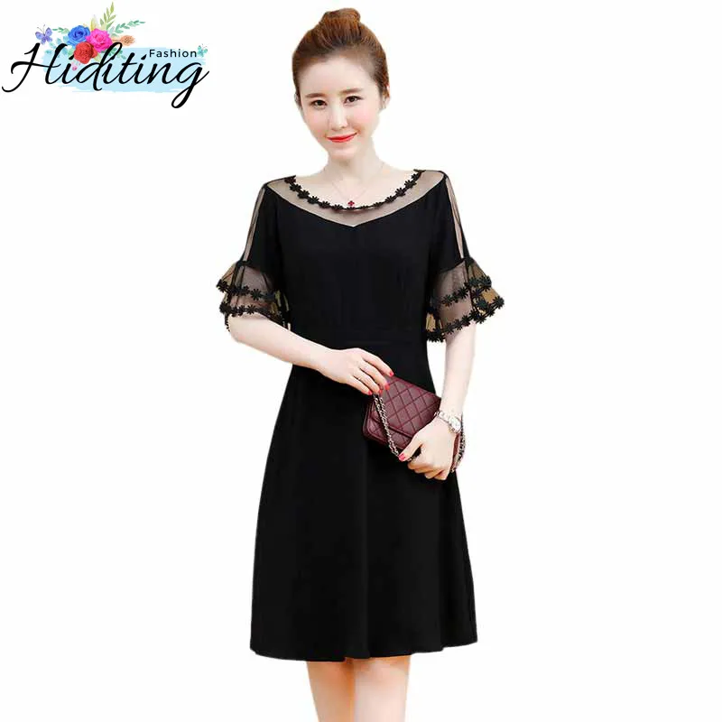 Женское облегающее платье с коротким рукавом черное Сетчатое большого размера