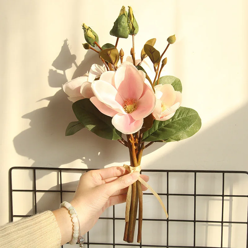 light pink Искусственные цветы для свадьбы искусственные Искусственные цветы лист Магнолия цветочный свадебный букет вечерние украшения для дома - Цвет: light pink