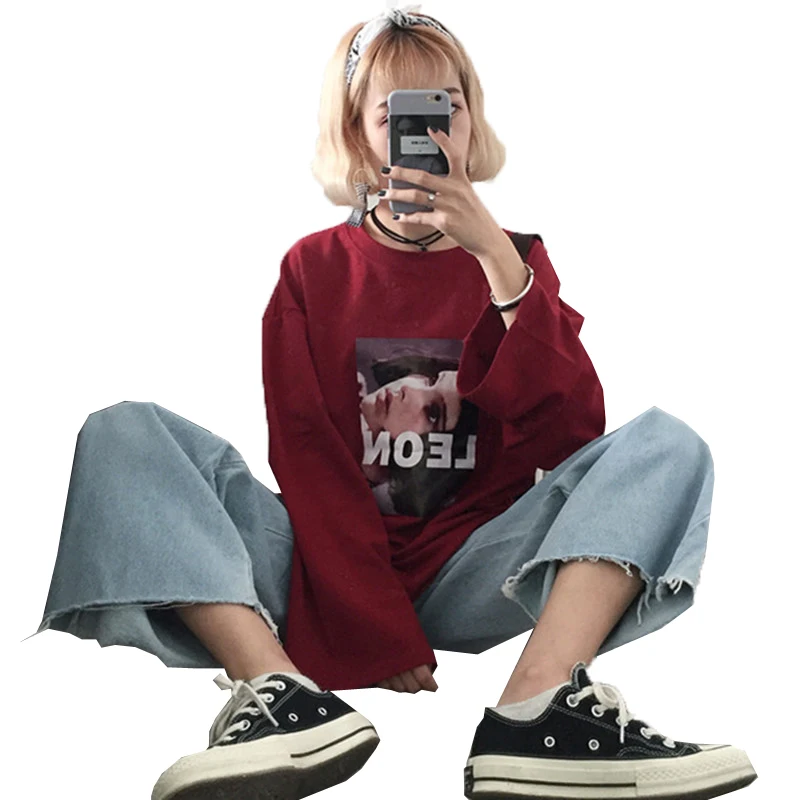 Женская рубашка Топ весна корейский Ulzzang Harajuku с принтом персонажей летучей мыши с длинным рукавом Женская Повседневная футболка с круглым вырезом