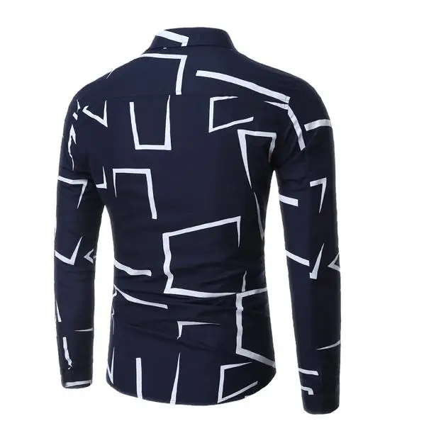 High Quality Men Shirt Brand Fashion Casual Slim Geometric Print Long Sleeve Shirt Men Business Social White Top Clothes
