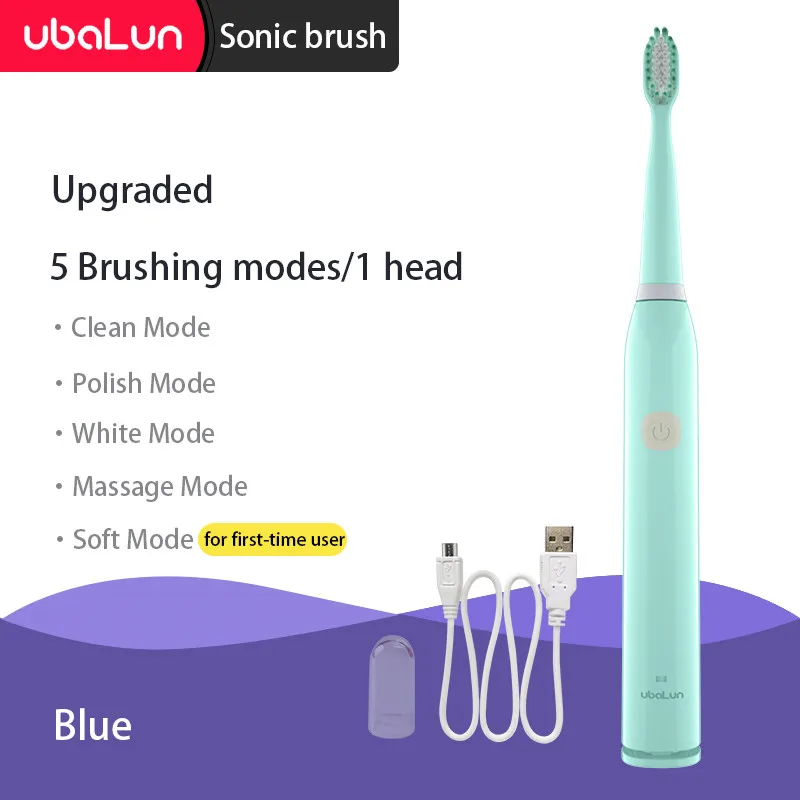 Blue 5 modes 1 head UBALUN Электрический Зубная щётка 5 режимов зубная щетка электрическая перезарядки зубные электрическая щетка 8 сменная насадка для Sonic Зубная щётка - Цвет: Blue 5 modes 1 head