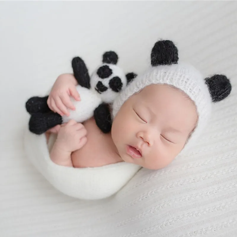 Newborn Photography Props Accessories Cute Mohair Panda Hat+Toy Dolls 2pcs/set Studio Baby Photo Props Crochet Infant Gift