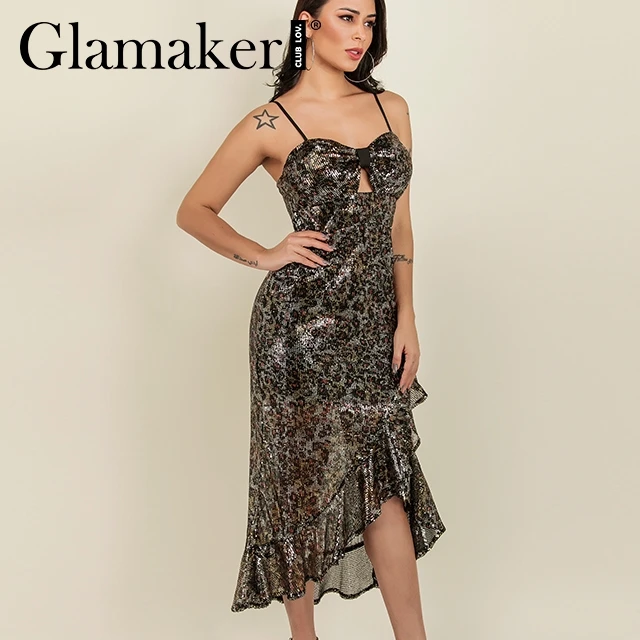 Женское платье с леопардовым принтом Glamaker черное облегающее неровными оборками