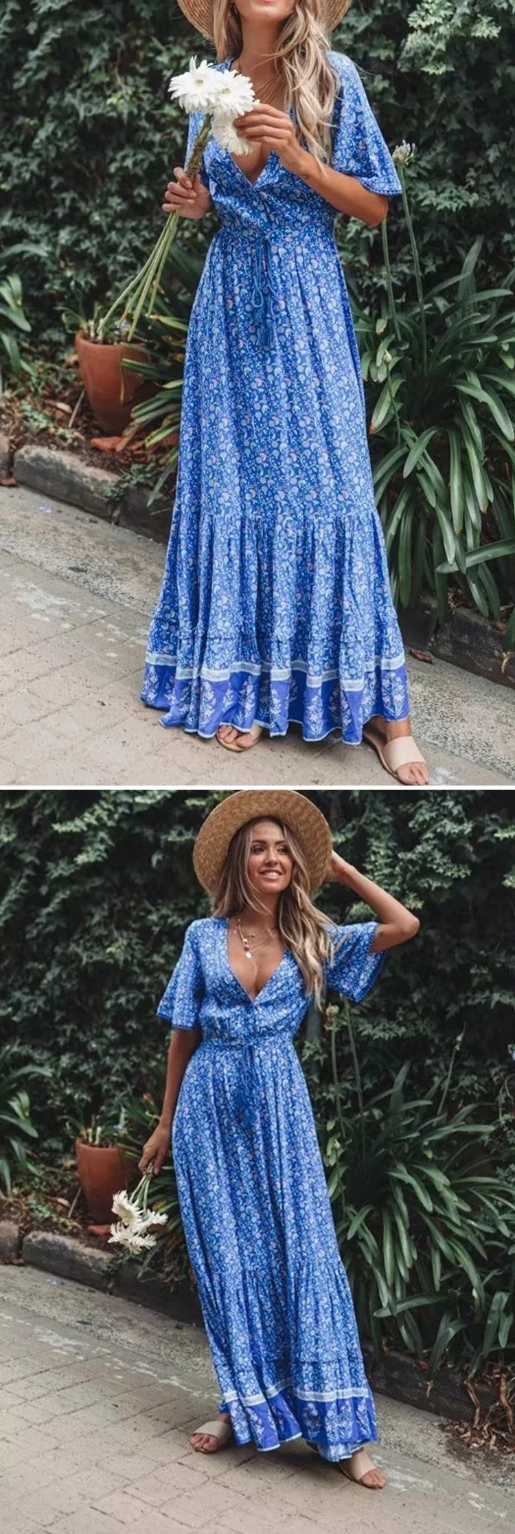 EFIOLY длинное платье из вискозы Boho с цветочным принтом, сексуальные платья хиппи с v-образным вырезом, летнее пляжное женское платье, богемное платье, платья с запахом