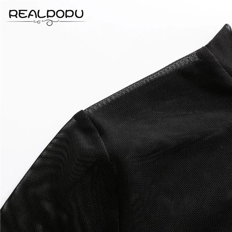Realpopu Сексуальная сетчатая укороченная однотонная Кружевная футболка с круглым вырезом модная прозрачная короткая футболка с длинными рукавами для женщин стандартные обтягивающие футболки