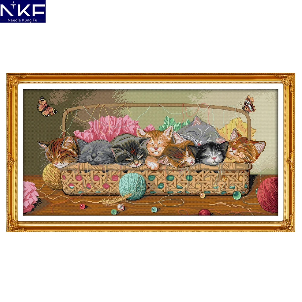 

NKF Newborn Kittens In The Basket Pattern DIY Handmade Craft Cross Stitch Set Embroidery Kit Animal Design Stitching Home Decor
