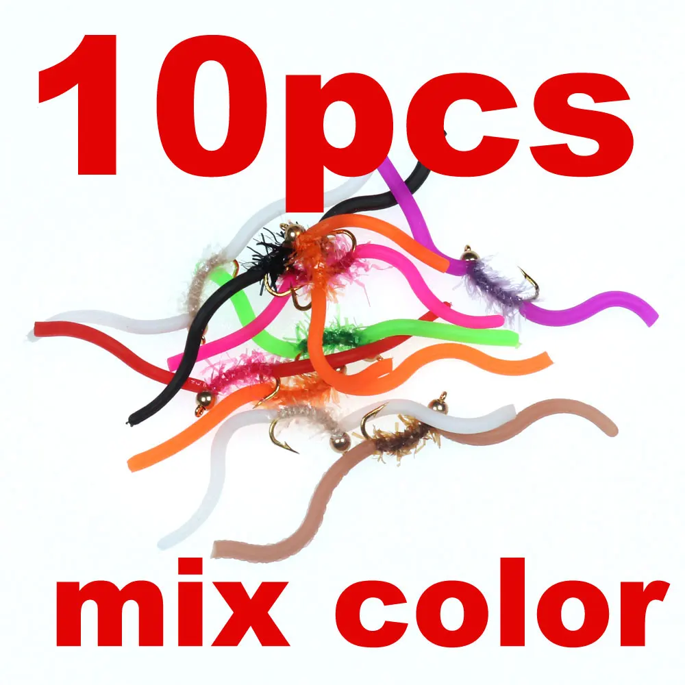 Mix Color 10pcs Bimoo 10 шт./кор. Size10 яркий Цвет мягкий Дергунчик черви форель Fly Сан-Хуан червя дождевого руки связали Fly форели Grayling и т. д - Цвет: Mix Color 10pcs