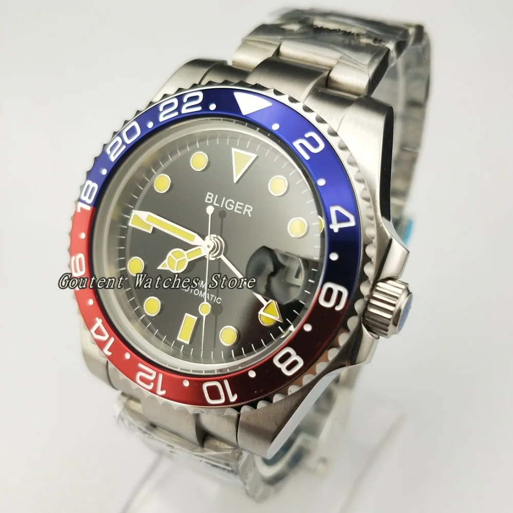 40 мм Bliger сапфировое стекло черный циферблат Luminou Hands GMT автоматические мужские