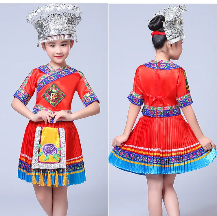 Китайский народный танец костюм детский Hmong китайский национальный танец костюм девушки Miao танцевальный костюм для сценических выступлений