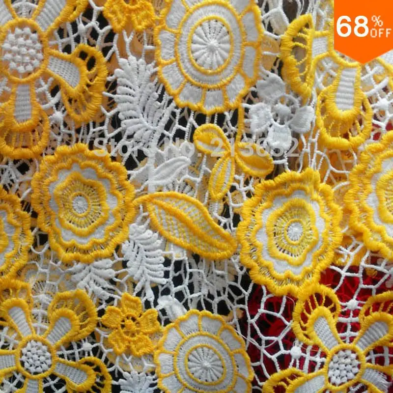 Luxury Guipure Yellow and white flowers leaf wedding wholesale flower golden with embroidery yarn colors 130 cm wide fabric | Дом и сад