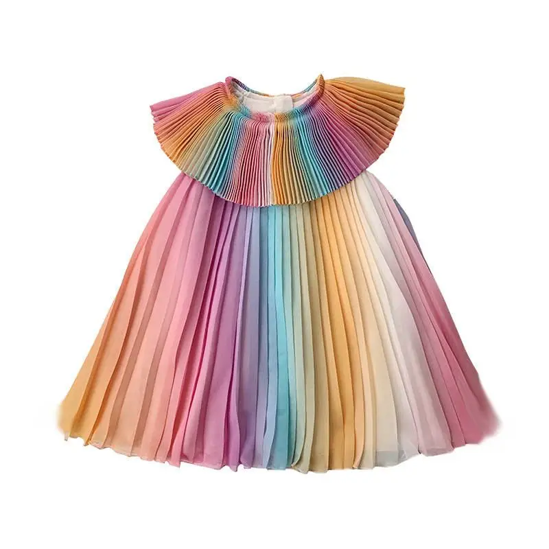 

2019 New Summer Fashion Teenage Girl Chiffon Pleated Dress Kids Rainbow Striped Dresses For Girls Baby Girl Clothes Vestido L355