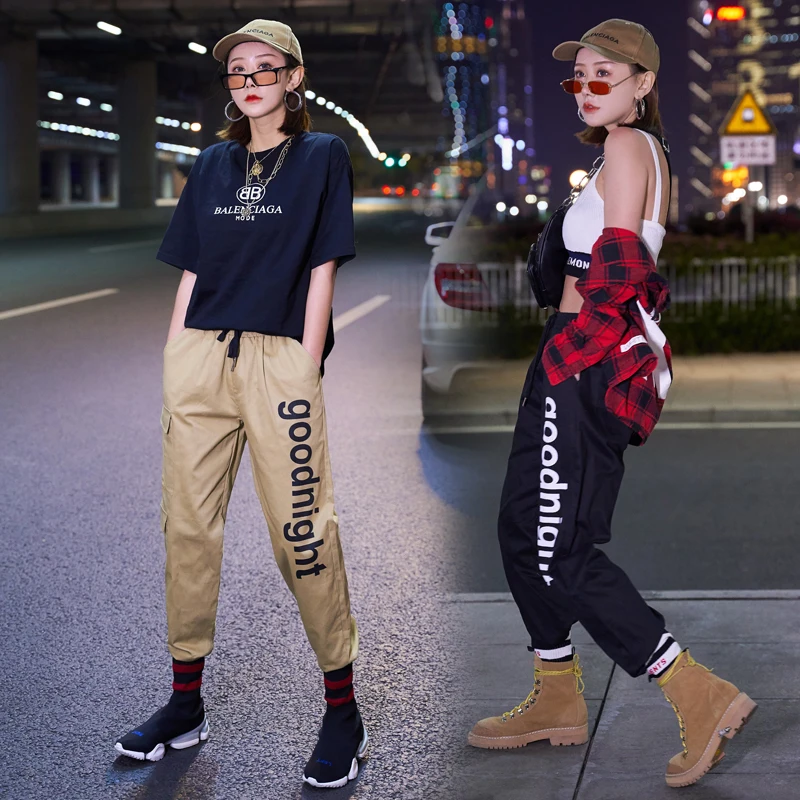 

WKOUD Sport Cargo Pants Women Goodnight Letters Printed Ankle-length Sweatpants College Leisure Drawstring Waist Trousers P8877