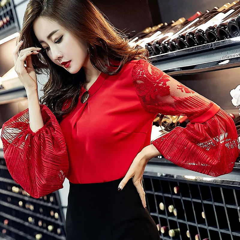 Блузка женская шифоновая с рукавами фонариками и круглым вырезом|lace shirt|lantern sleeve