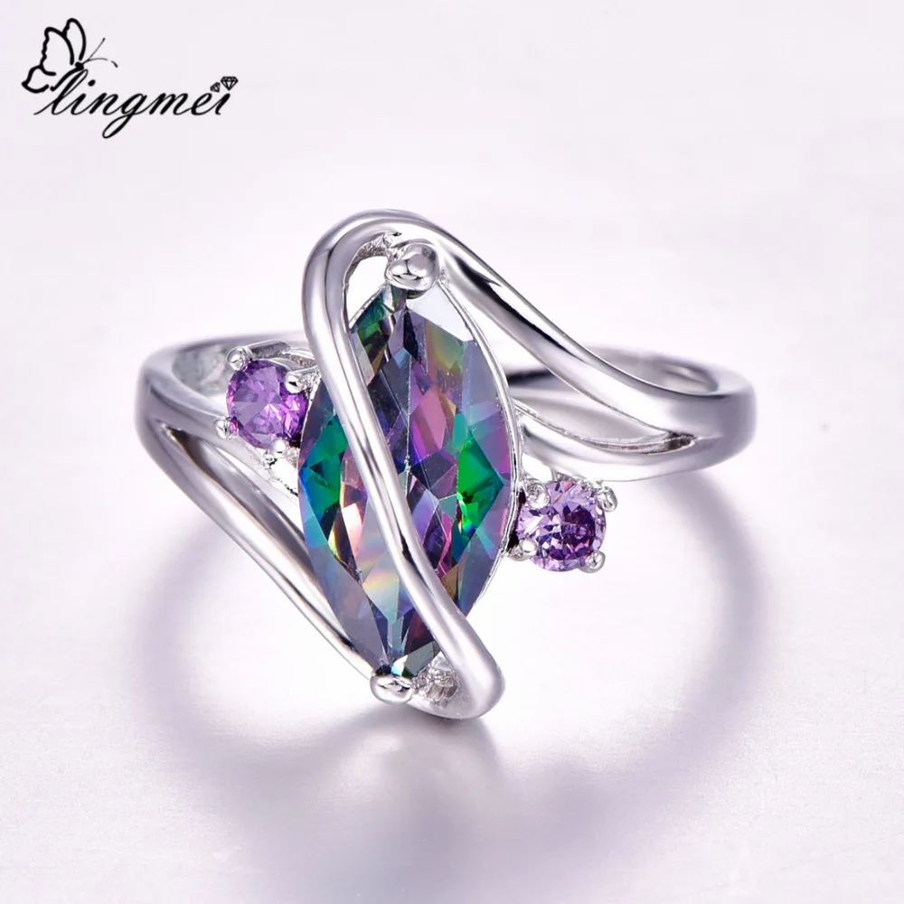 Lingmei Dropshipping Wedding Marquise Cut Multi Red Blue Green Cubic Zircon Silver Color Ring Women Size 6 7 8 9 10 11 12|Кольца| | - Фото №1