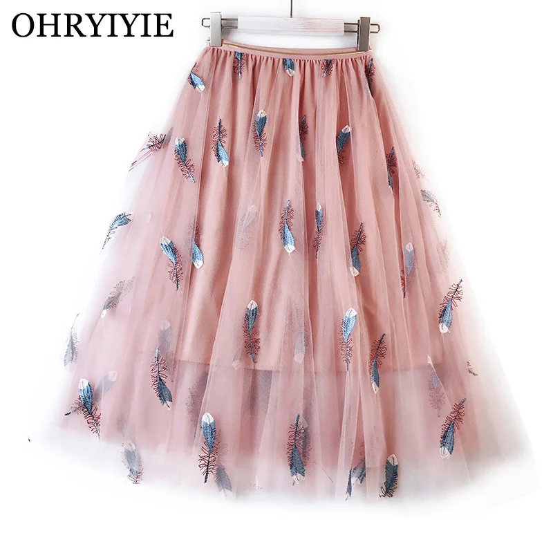 Женская фатиновая юбка с вышивкой OHRYIYIE длинная юбка-пачка трапециевидной формы