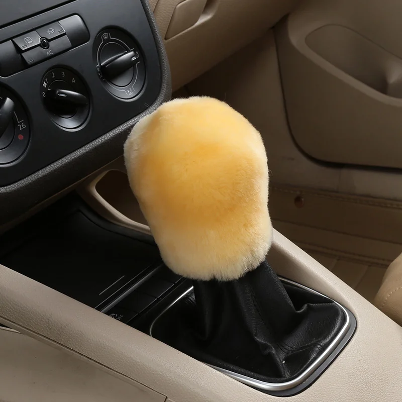 1 Pcs Beige Пушистый натуральный мех овчины автомобиля шестерни рукоятка переключения уровня ручка крышки для автомобиля селектор гандбол воротник, ручной тормоз - Название цвета: 1 Pcs Beige