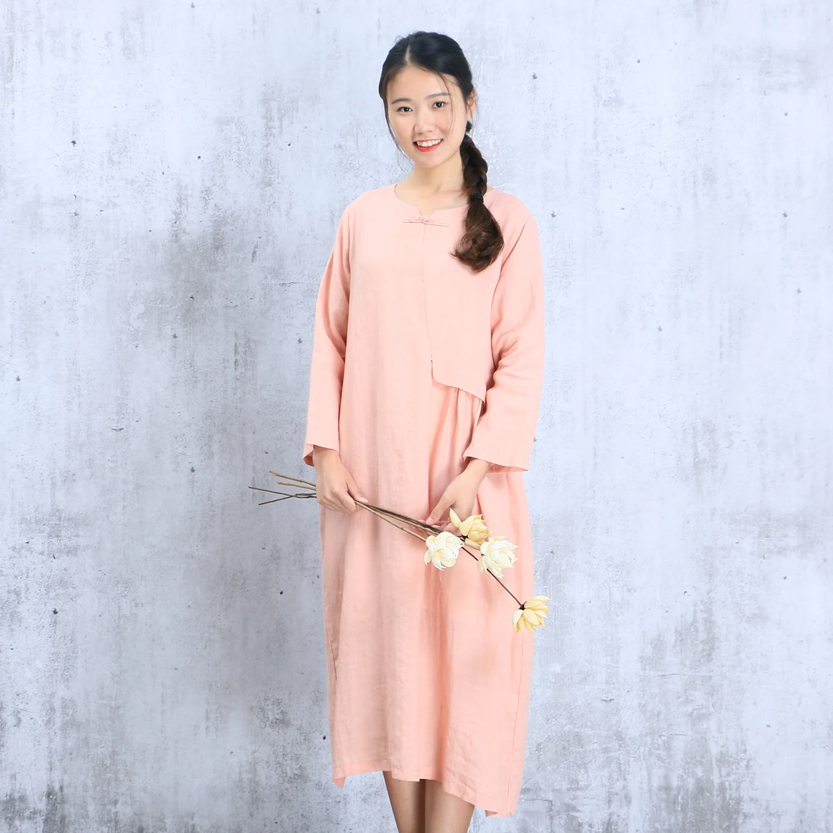 Johnature Women Maxi Dress Vintage 2019 Autumn New Casual Linen Nine Sleeve Button Patchwork Loose Clothes O-Neck Dresses | Женская