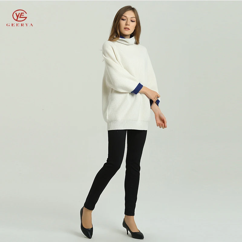Geerya Casual Long Knitted Sweater Autumn Korean Women Turtleneck Loose Solid Color Lantern Sleeve Female Jacket Beige | Женская одежда