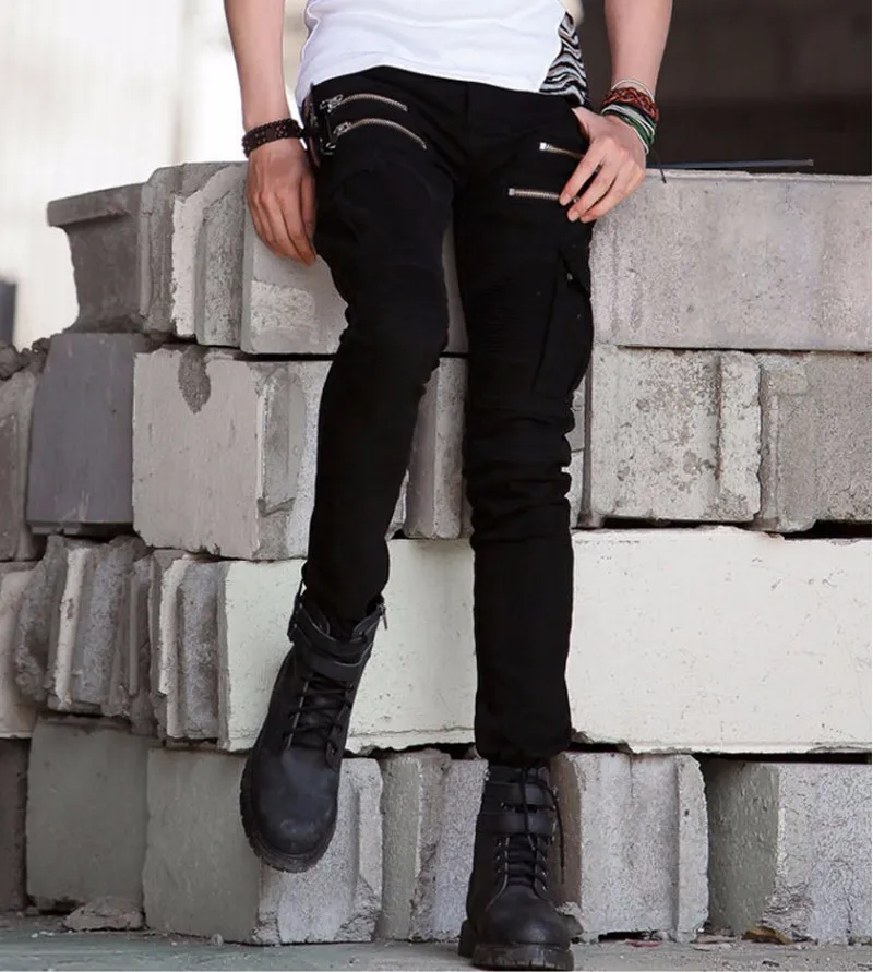 Famous brand high quality luxury men jeans slim elastic pleated Pencil Pants pocket with side zip jeans men denim Biker jeans