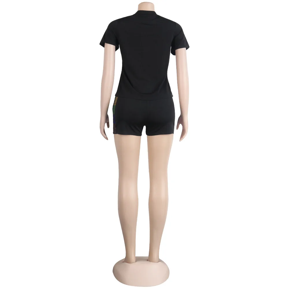Rainbow Rhinestone Two Piece Summer Clothes for Women Short Sleeve T Shirt+ Bodycon Biker Shorts Plus Size Causal Matching Sets
