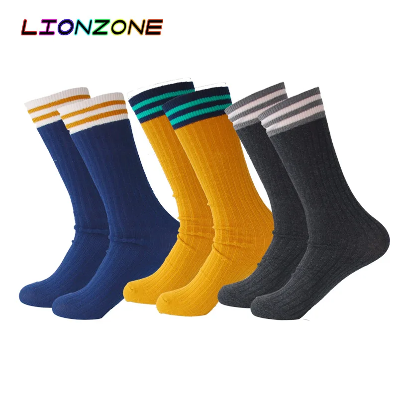 LIONZONE, 3 пары, японские корейские студенческие, для взрослых, хлопковые, ворсовые чулки, женские, две планки, прямые, длинные, без пятки, до бедра, Высокие гольфы - Цвет: Blue Yellow Grey
