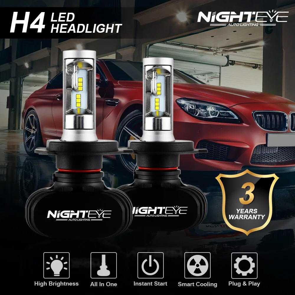 NIGHTEYE 2 шт. супер яркий 50 Вт 8000лм H4 9003 HB2 Автомобильный светодиодный фары дальнего/ближнего света 12 в объектив проектора 6500K противотуманные фары