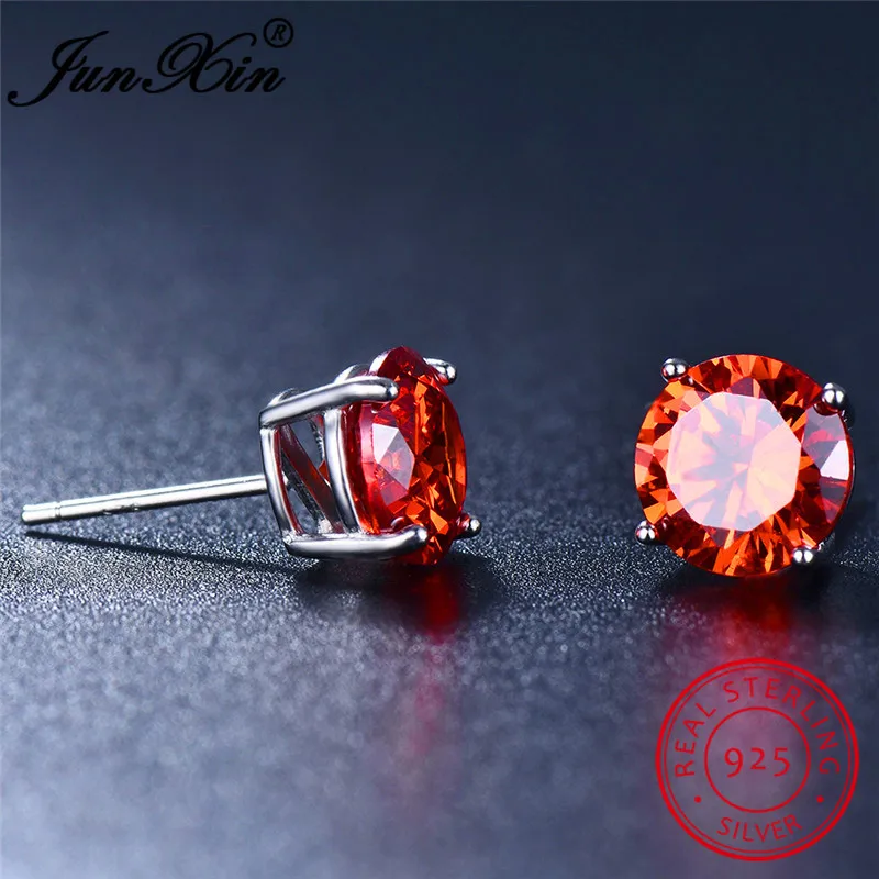 JUNXIN Настоящее Серебро s925 пробы круглые серьги-гвоздики для женщин мужчин черный зеленый синий желтый розовый фиолетовый циркон серьги «Радуга»