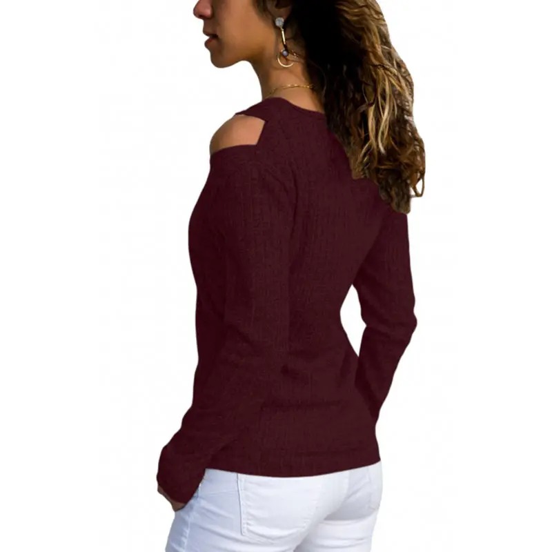 Pullover Female Rib Knit Long-Sleeved Top Winter Clothes Women V-Neck Cold Shoulder Sweater Casual Pure Color Autumn | Женская одежда