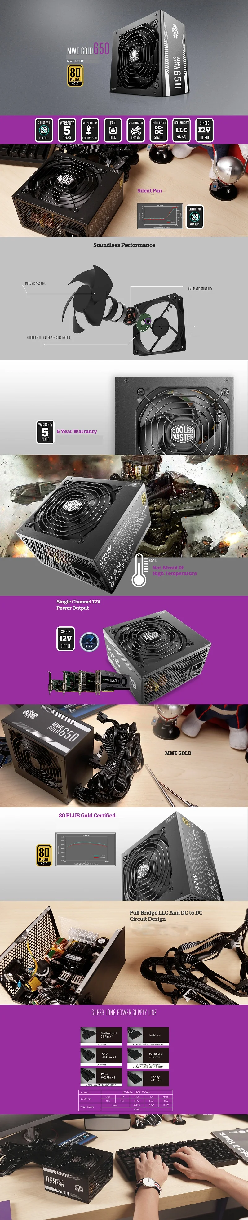 Cooler Master PC PSU компьютерный блок питания Номинальная мощность 650 Вт 650 Вт 12 см вентилятор 12 В ATX PC блок питания золотой 80 плюс для игры в офис