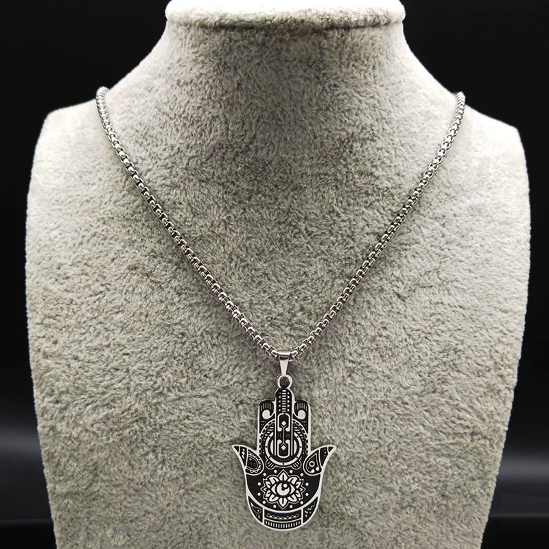 Йога, лотос, Хамса, рука, нержавеющая сталь, цепочка, ожерелье, для мужчин, серебряный цвет, черный, штат, для мужчин, Т-образная цепочка, ожерелье, ювелирное изделие, joyas B18203