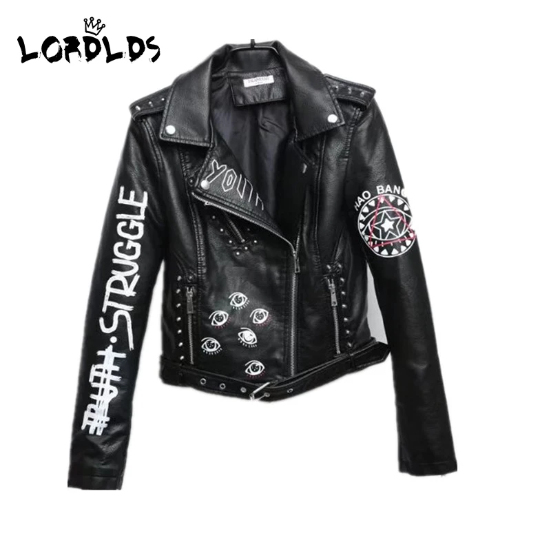 black LORDXX черная женская кожаная куртка с граффити, новинка, весеннее панк байкерское пальто, укороченные куртки из искусственной кожи с поясом - Цвет: black