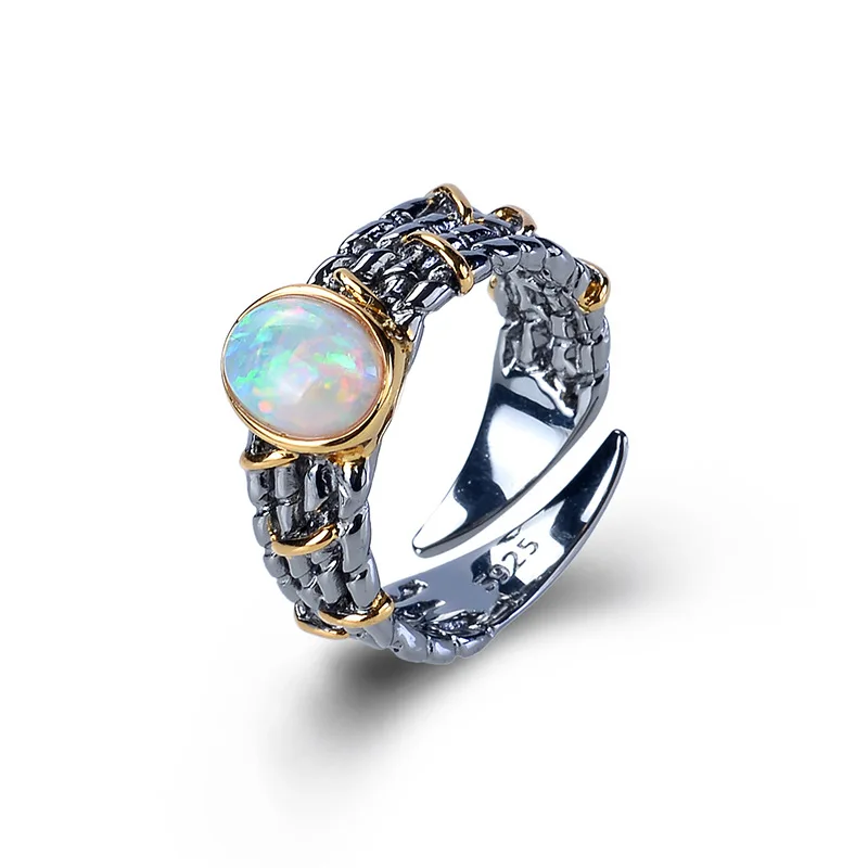 

Retro Thai Silver Jewelry Creative Design Natural Blue Opal S925 Sterling Silver Inlaid Colored Gemstone Open Ended Ring