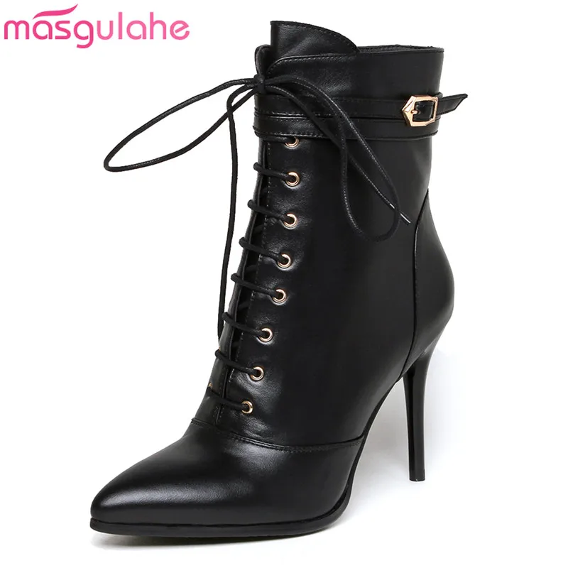 Masgulahe high quality genuine leather boots for women heels fashion ankle pointed toe ladies shoes | Обувь