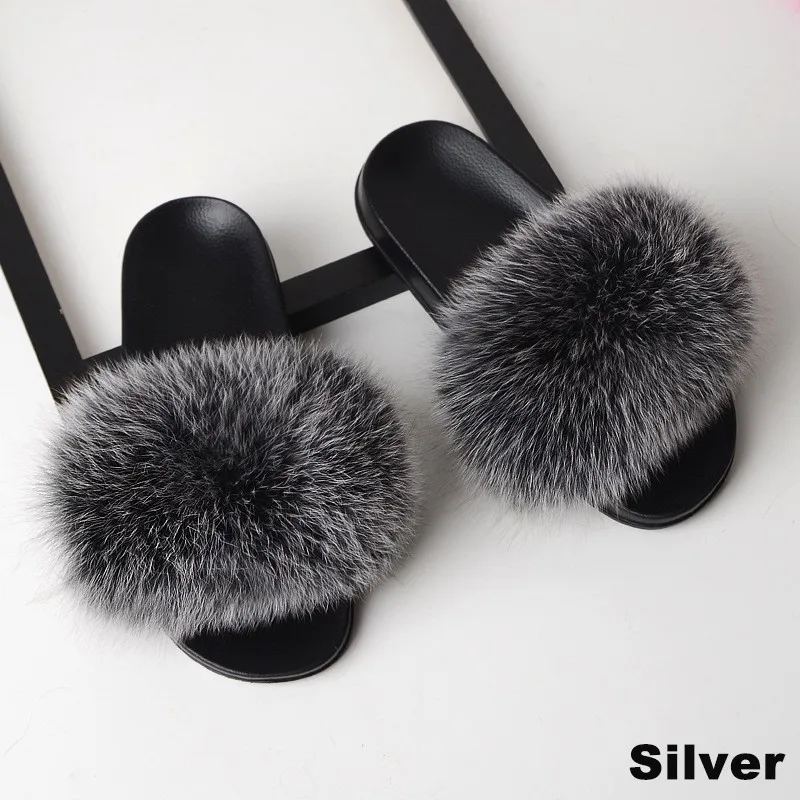 Fluffy Slippers Real Fox Fur Slides Indoor Flip Flops Casual High Recommend Raccoon Fur Sandals Vogue Plush Shoes