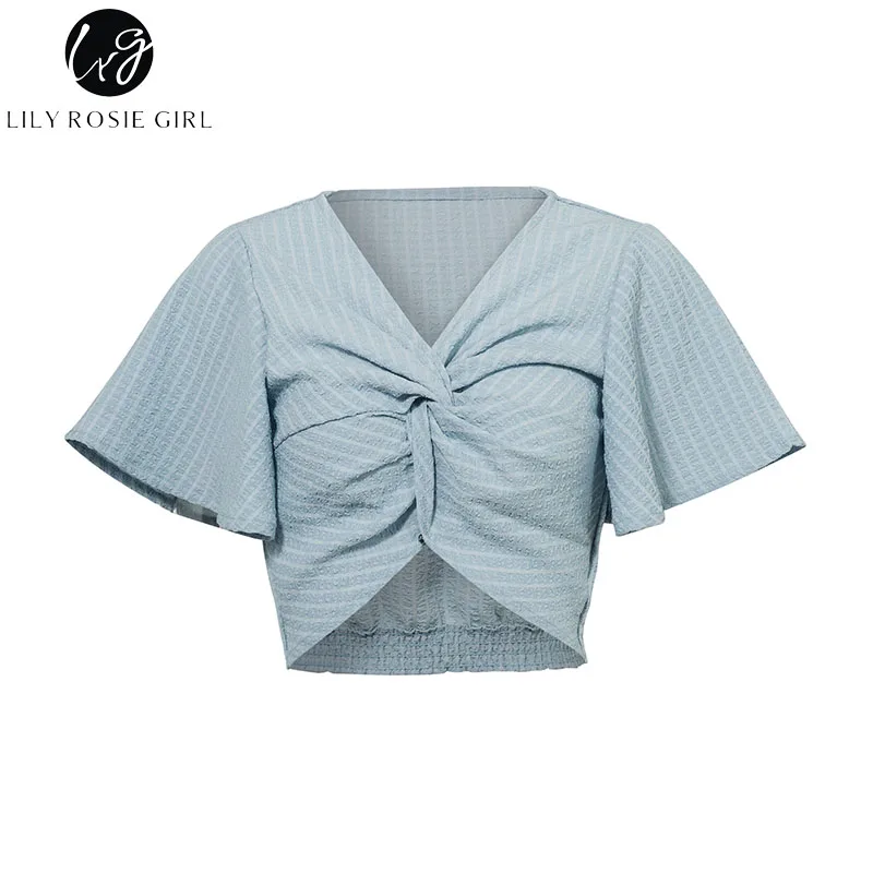 Лили Rosie девушка сексуальная V Neck Crop Для женщин блузки 2018 летние красные рубашки с