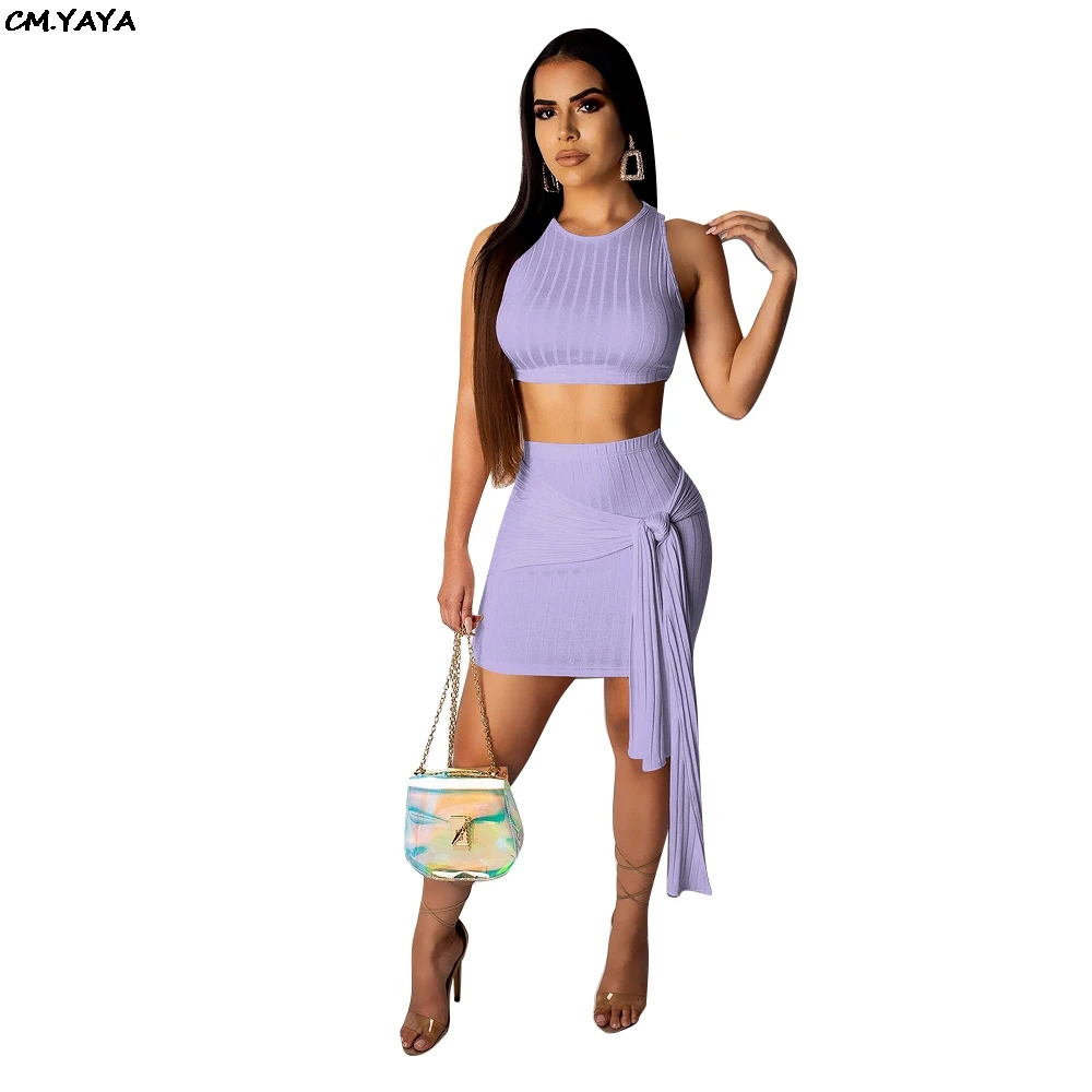 women knitted sleeveless tank sweater short tee top tie up sexy above knee mini midi skirts suit 2pcs set tracksuit dress S3525 | Женская