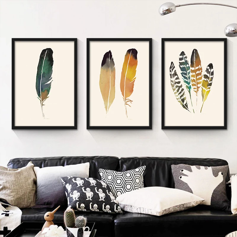 Colorful Feather Nordic Modern Floating Lightly in the Air Canvas Painting Art Print Poster Living Dining Room Decoration | Дом и сад