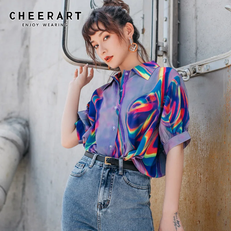 Женская блузка с голографическим принтом Cheerart цветная рубашка коротким рукавом