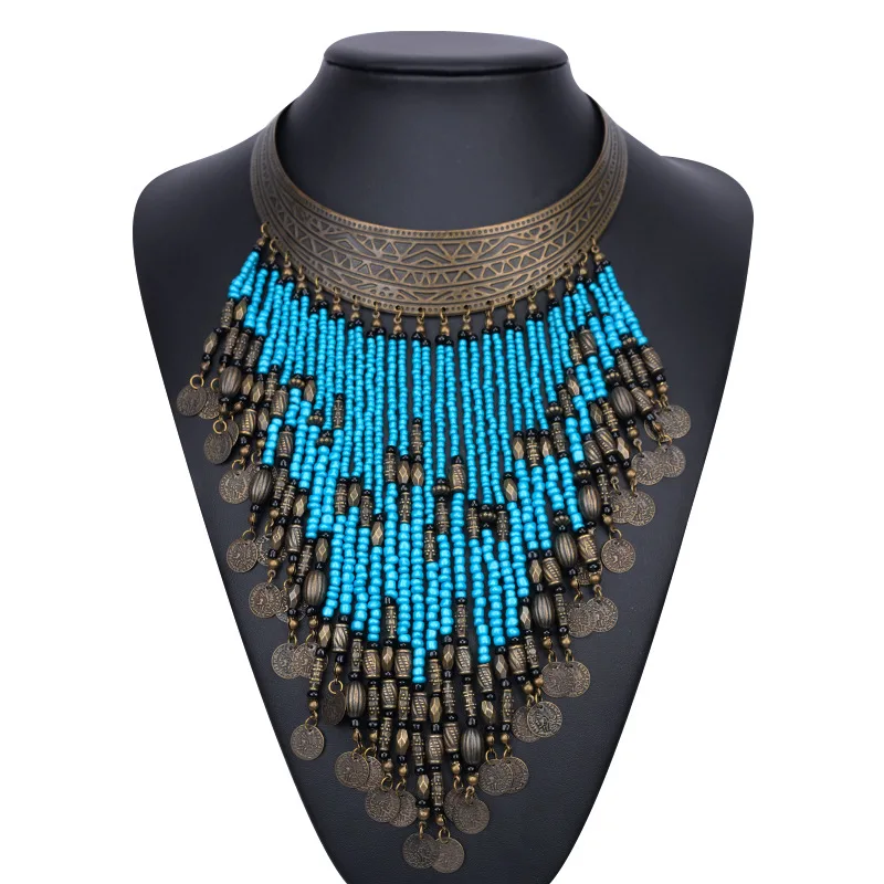 Коралловый Бусины Цепочки и ожерелья Jewelry Винтаж Этнические ожерелья для Для женщин, Новая мода бисером кисточкой монета Цепочки и ожерелья цепь воротник YY0853