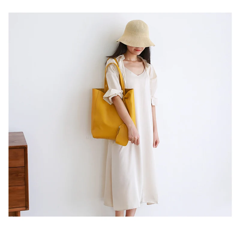 Women Luxury Bag Casual Tote Female Lemon Yellow Fashion Shoulder Handbag Lady Cowhide Genuine Leather Shoulder Shopping Bag