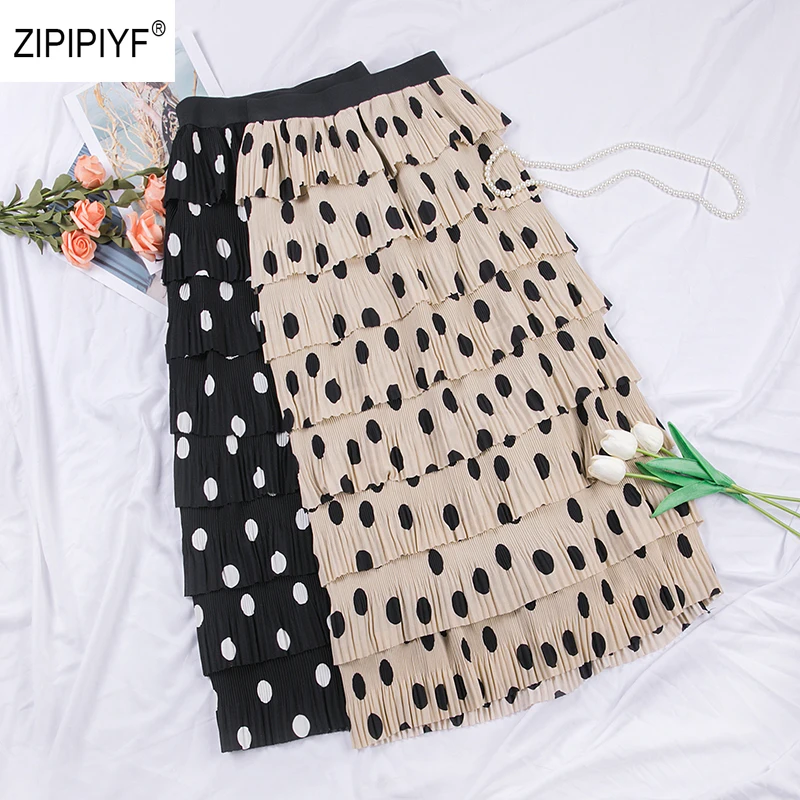 Женская шифоновая юбка в горошек с высокой талией и оборками весна-лето 2019 |