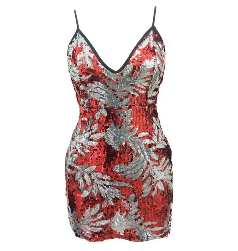 Novelty arrival high fashion festive dress female gold v-neck sleeveless sequins Autumn Green backless mini | Женская одежда