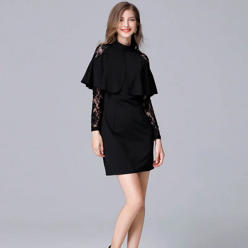 Women autumn new elegant Black Chiffon lace Plus size slim dress large Size Cloak Sleeves Pencil Dress Office Lady party Dresses | Женская