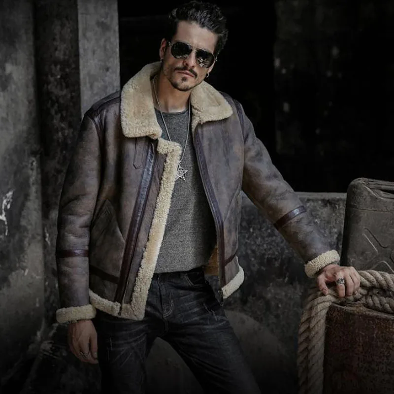 2018 Новая модная мужская кожаная куртка из овчины темно-коричневая B3 оригинальная