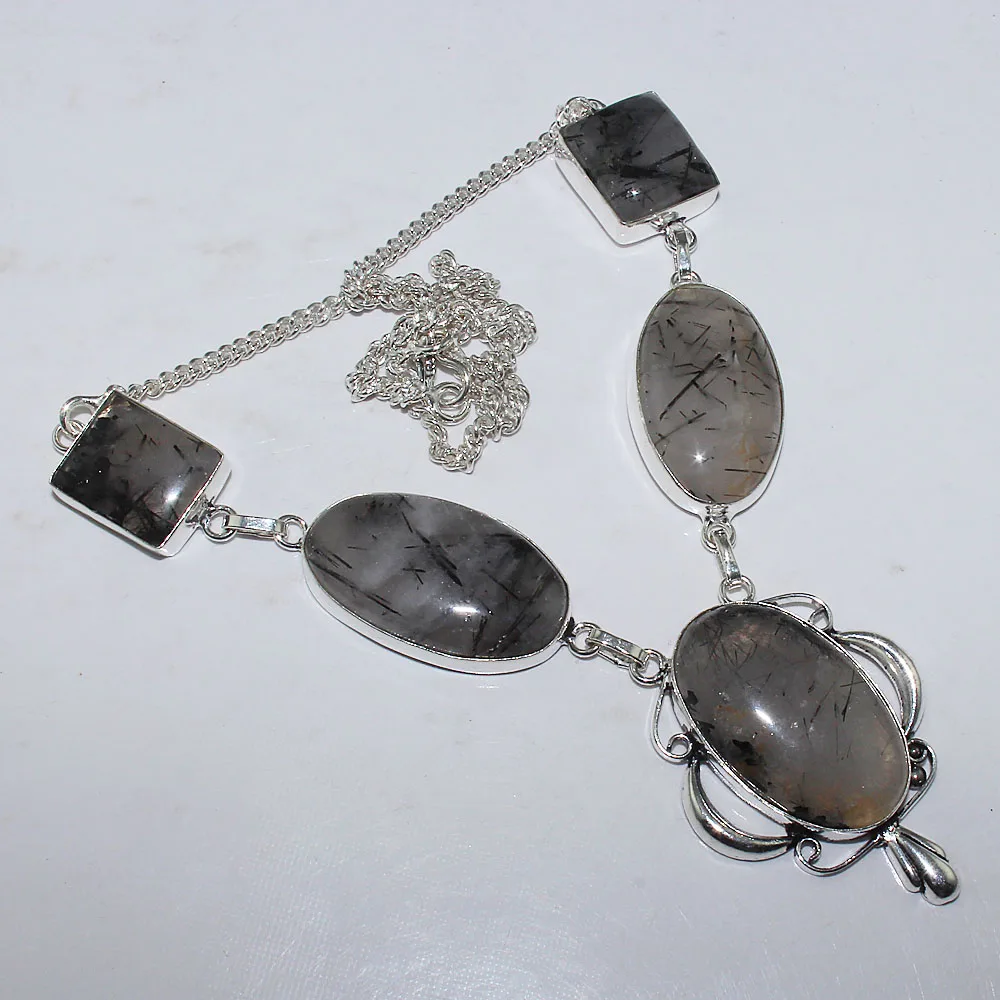 Ожерелье из черной рутели серебряное покрытие над медью 48 9 см N1575|necklace silver|silver