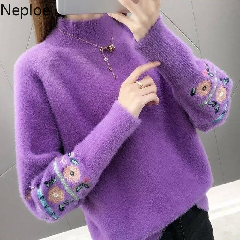 Neploe Korean Autumn Winter Loose Wild Knitted Sweaters Turtleneck Solid Flower Pullover Preppy Style Elegant Sweater 45515 | Женская