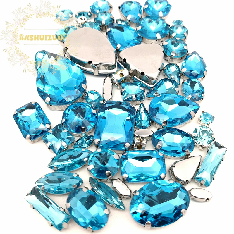 52pcs 23sizes 10shapes MIX Turquoise Blue Size Crystal Glass Sew-on Rhinestones silvery Bottom DIY Women's Dresses sijishuizuan | Дом и