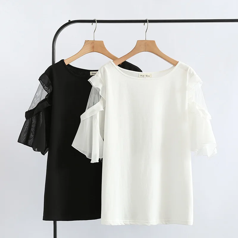 

Black and White T-shirts 2019 Autumn and Summer New Lace Sleeve Lotus Leaf Round Collar T-shirt Large Size Women's Wear
