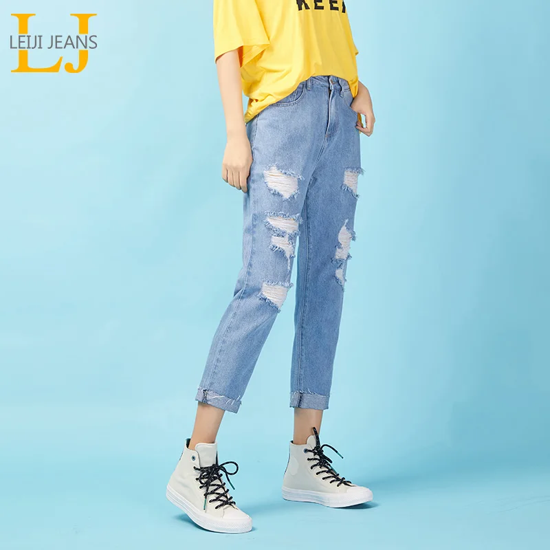 LEIJIJEANS, Новое поступление, весна, средняя посадка, свободные, с дырками, светло-голубые, Харлан, джинсы для женщин, уличный стиль, размера плюс, женские джинсы 9002